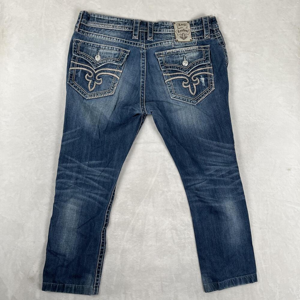 Rock Revival Steven Straight Jeans Mens 40x30 Blue Distressed Denim Med Wash